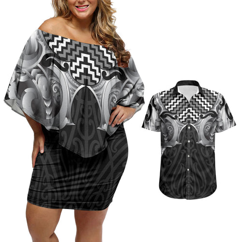 Aotearoa Kowhaiwhai Poutama Black Motif Couples Matching Off Shoulder Short Dress and Hawaiian Shirt