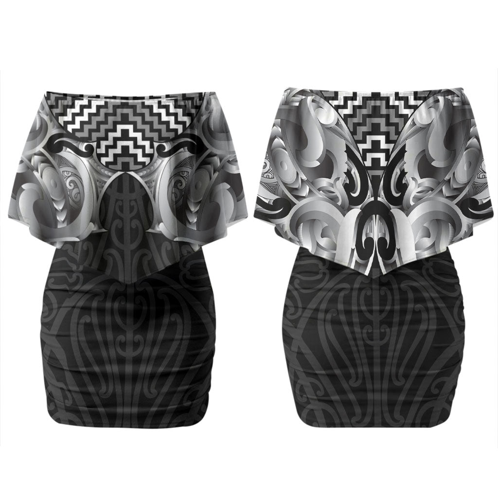 Aotearoa Kowhaiwhai Poutama Black Motif Couples Matching Off Shoulder Short Dress and Hawaiian Shirt