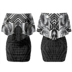 Aotearoa Kowhaiwhai Poutama Black Motif Couples Matching Off Shoulder Short Dress and Hawaiian Shirt