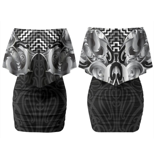 Aotearoa Kowhaiwhai Poutama Black Motif Couples Matching Off Shoulder Short Dress and Hawaiian Shirt