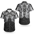Aotearoa Kowhaiwhai Poutama Black Motif Couples Matching Off Shoulder Short Dress and Hawaiian Shirt