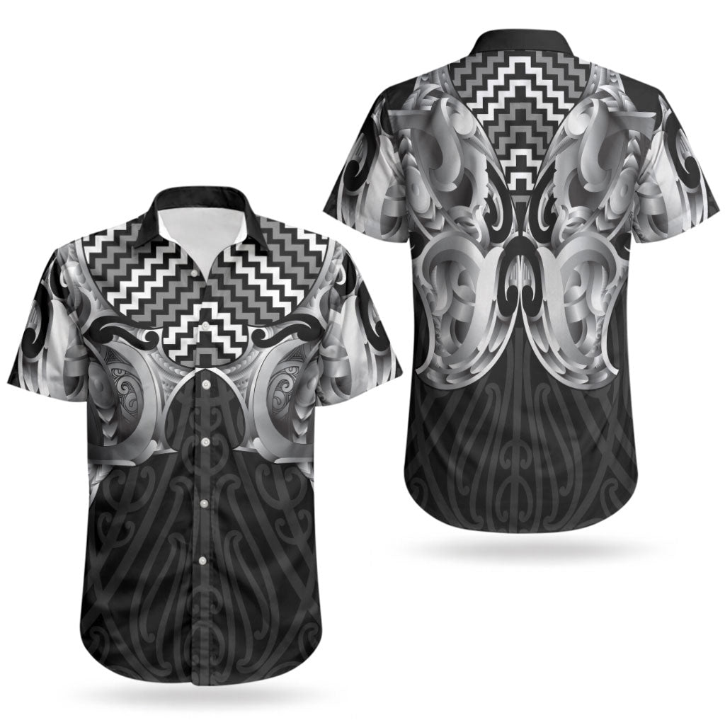 Aotearoa Kowhaiwhai Poutama Black Motif Couples Matching Off Shoulder Short Dress and Hawaiian Shirt