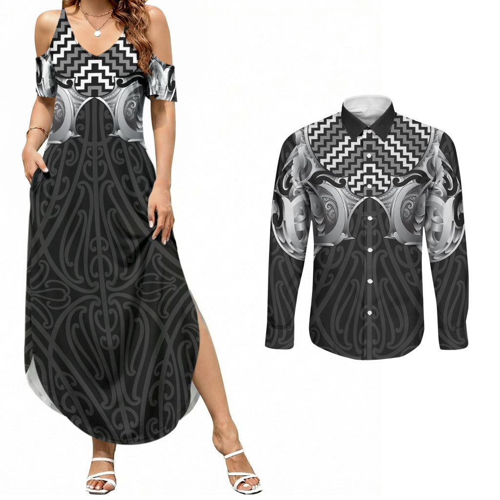 Aotearoa Kowhaiwhai Poutama Black Motif Couples Matching Summer Maxi Dress and Long Sleeve Button Shirt
