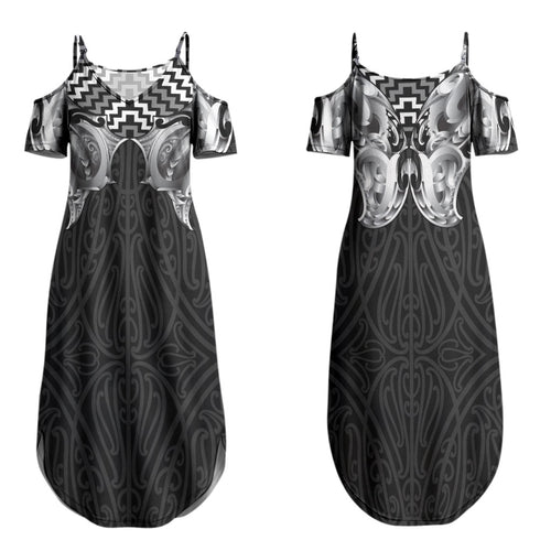 Aotearoa Kowhaiwhai Poutama Black Motif Couples Matching Summer Maxi Dress and Long Sleeve Button Shirt