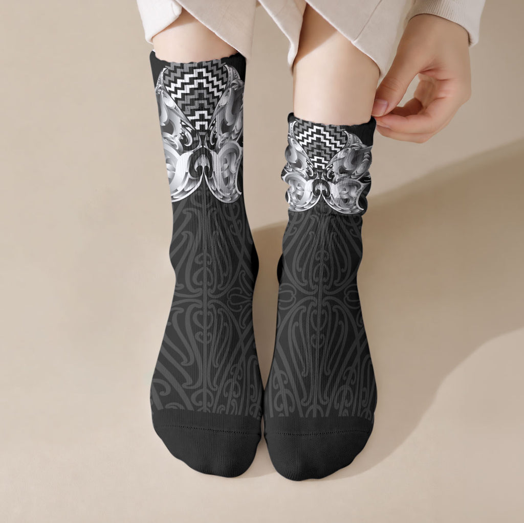 Aotearoa Kowhaiwhai Poutama Black Motif Crew Socks