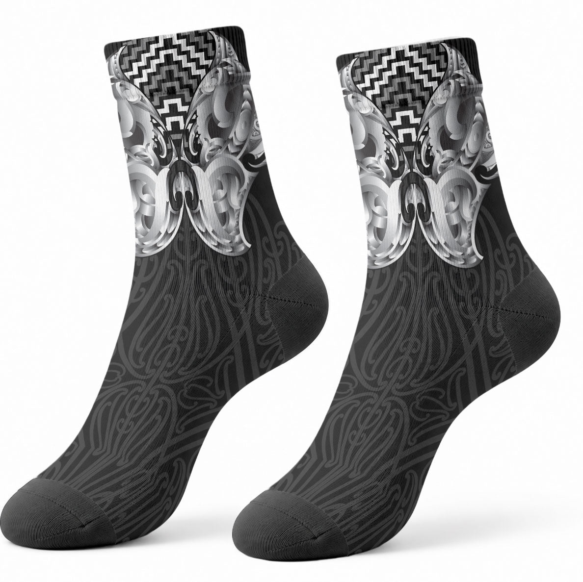 Aotearoa Kowhaiwhai Poutama Black Motif Crew Socks
