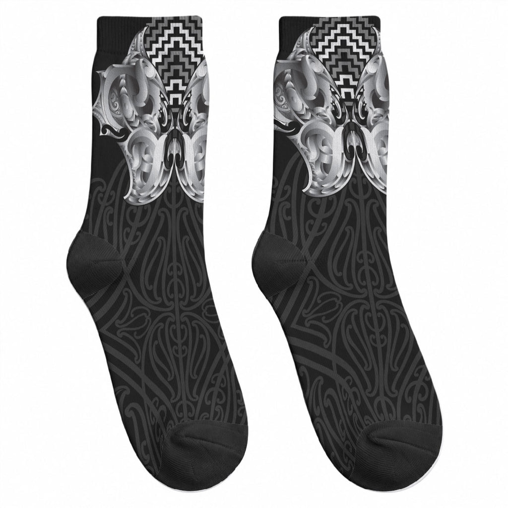Aotearoa Kowhaiwhai Poutama Black Motif Crew Socks