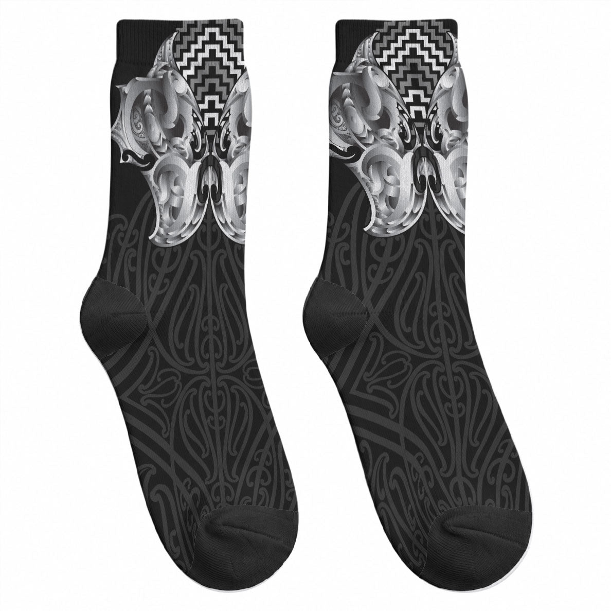 Aotearoa Kowhaiwhai Poutama Black Motif Crew Socks