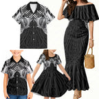 Aotearoa Kowhaiwhai Poutama Black Motif Family Matching Mermaid Dress and Hawaiian Shirt