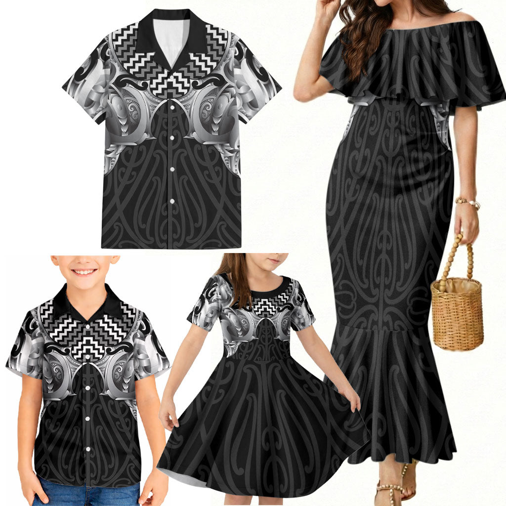 Aotearoa Kowhaiwhai Poutama Black Motif Family Matching Mermaid Dress and Hawaiian Shirt
