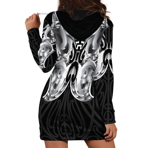 Aotearoa Kowhaiwhai Poutama Black Motif Hoodie Dress