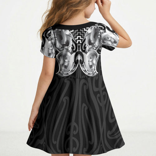 Aotearoa Kowhaiwhai Poutama Black Motif Kid Short Sleeve Dress