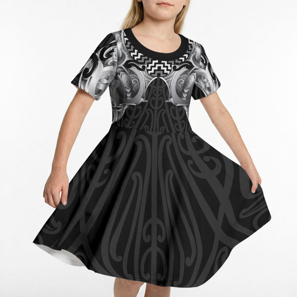 Aotearoa Kowhaiwhai Poutama Black Motif Kid Short Sleeve Dress