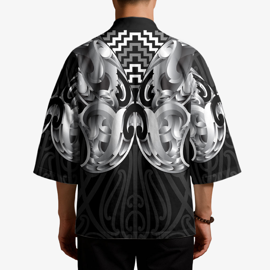 Aotearoa Kowhaiwhai Poutama Black Motif Kimono