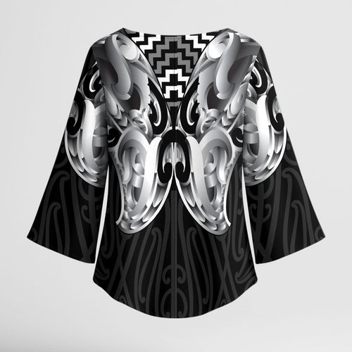 Aotearoa Kowhaiwhai Poutama Black Motif Kimono Sleeve Blouse