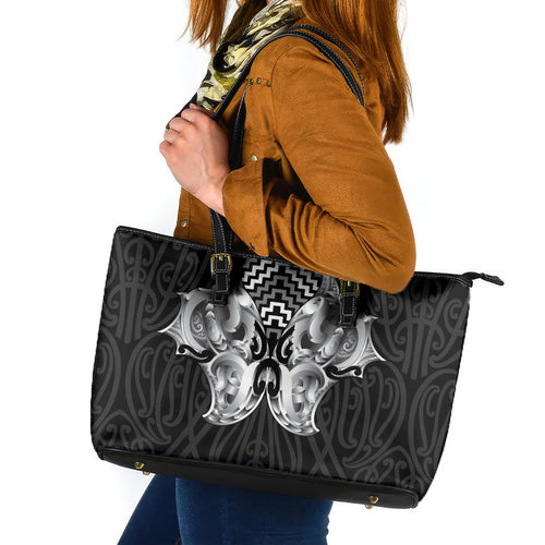 Aotearoa Kowhaiwhai Poutama Black Motif Leather Tote Bag