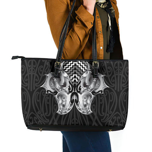 Aotearoa Kowhaiwhai Poutama Black Motif Leather Tote Bag