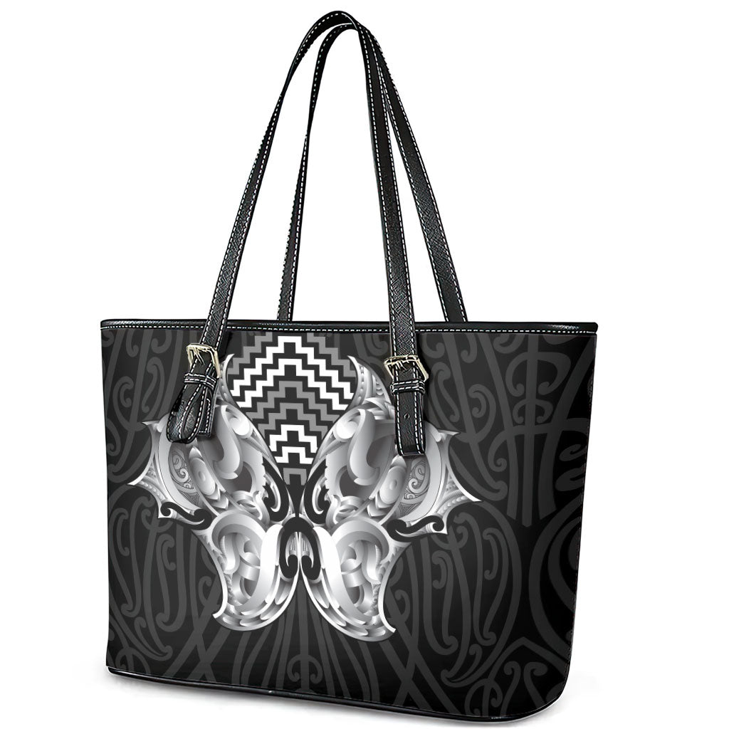 Aotearoa Kowhaiwhai Poutama Black Motif Leather Tote Bag