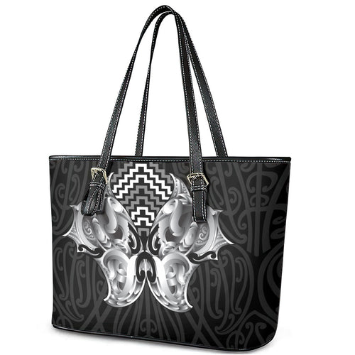 Aotearoa Kowhaiwhai Poutama Black Motif Leather Tote Bag