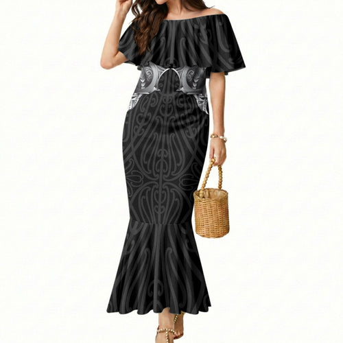 Aotearoa Kowhaiwhai Poutama Black Motif Mermaid Dress