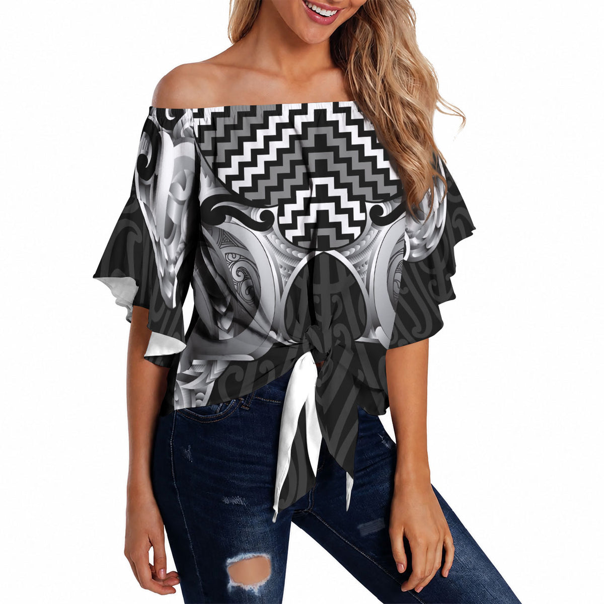 Aotearoa Kowhaiwhai Poutama Black Motif Off Shoulder Wrap Waist Top