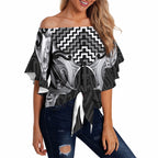 Aotearoa Kowhaiwhai Poutama Black Motif Off Shoulder Wrap Waist Top
