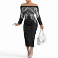 Aotearoa Kowhaiwhai Poutama Black Motif Off The Shoulder Long Sleeve Dress