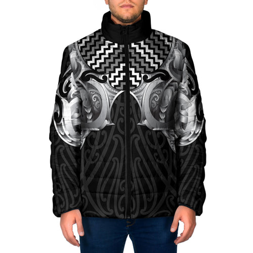 Aotearoa Kowhaiwhai Poutama Black Motif Padded Jacket