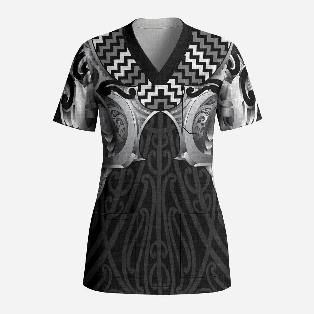 Aotearoa Kowhaiwhai Poutama Black Motif Scrub Top