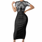 Aotearoa Kowhaiwhai Poutama Black Motif Short Sleeve Bodycon Dress