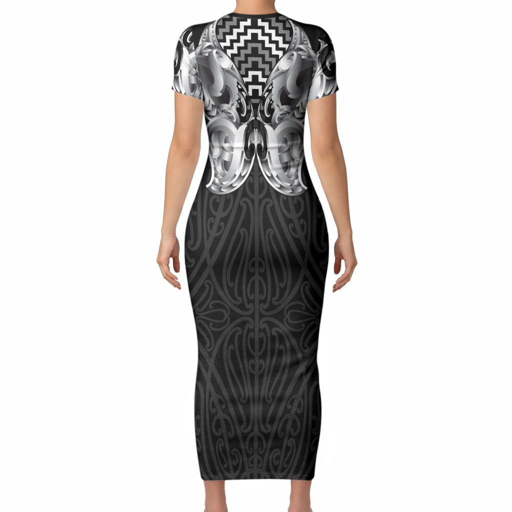 Aotearoa Kowhaiwhai Poutama Black Motif Short Sleeve Bodycon Dress
