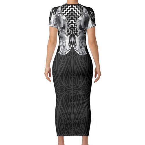 Aotearoa Kowhaiwhai Poutama Black Motif Short Sleeve Bodycon Dress