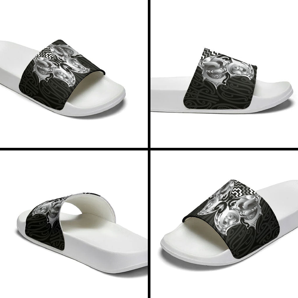 Aotearoa Kowhaiwhai Poutama Black Motif Slide Sandals