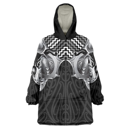 Aotearoa Kowhaiwhai Poutama Black Motif Wearable Blanket Hoodie