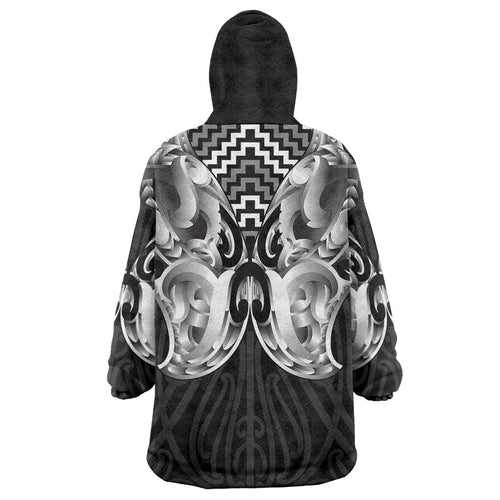 Aotearoa Kowhaiwhai Poutama Black Motif Wearable Blanket Hoodie