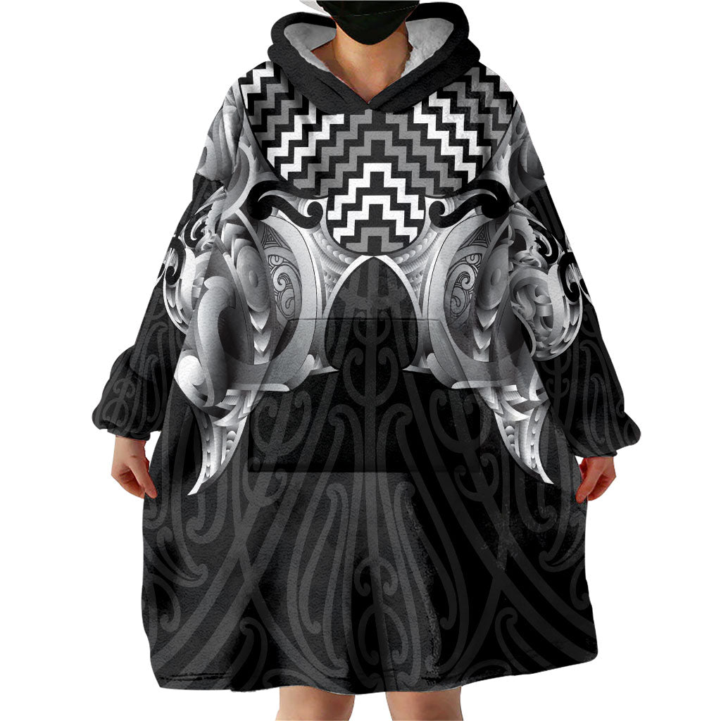 Aotearoa Kowhaiwhai Poutama Black Motif Wearable Blanket Hoodie