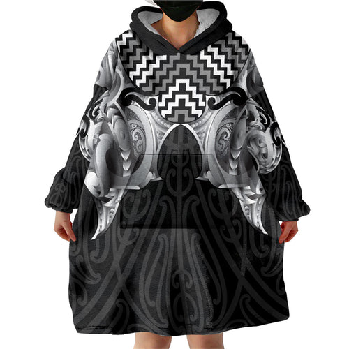 Aotearoa Kowhaiwhai Poutama Black Motif Wearable Blanket Hoodie