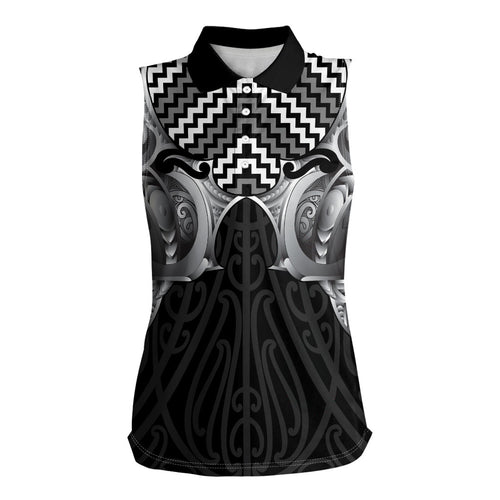 Aotearoa Kowhaiwhai Poutama Black Motif Women Sleeveless Polo Shirt