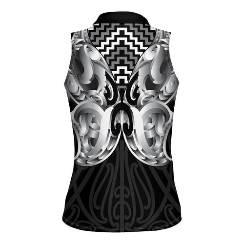 Aotearoa Kowhaiwhai Poutama Black Motif Women Sleeveless Polo Shirt