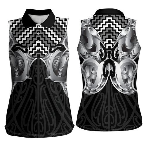 Aotearoa Kowhaiwhai Poutama Black Motif Women Sleeveless Polo Shirt