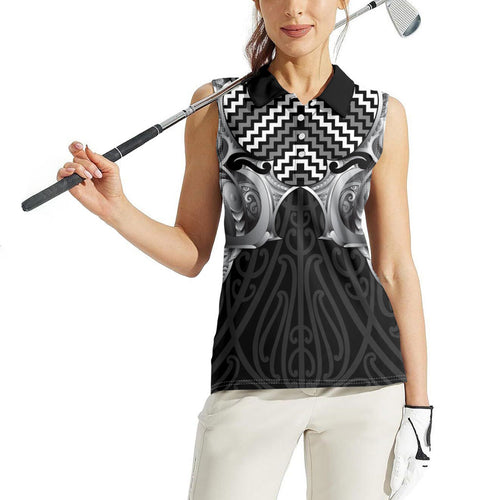 Aotearoa Kowhaiwhai Poutama Black Motif Women Sleeveless Polo Shirt