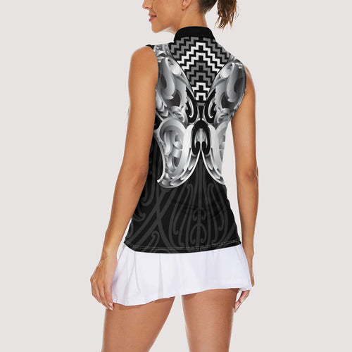 Aotearoa Kowhaiwhai Poutama Black Motif Women Sleeveless Polo Shirt