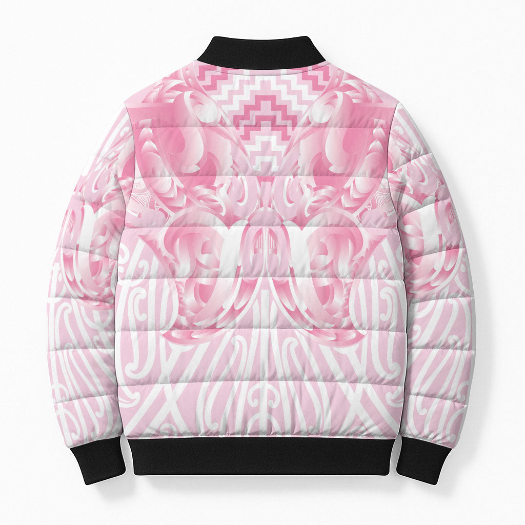 Aotearoa Kowhaiwhai Poutama Pink Motif Bomber Puffer Jacket