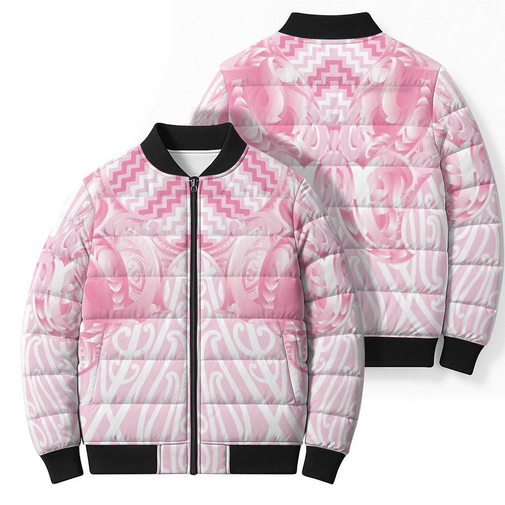 Aotearoa Kowhaiwhai Poutama Pink Motif Bomber Puffer Jacket