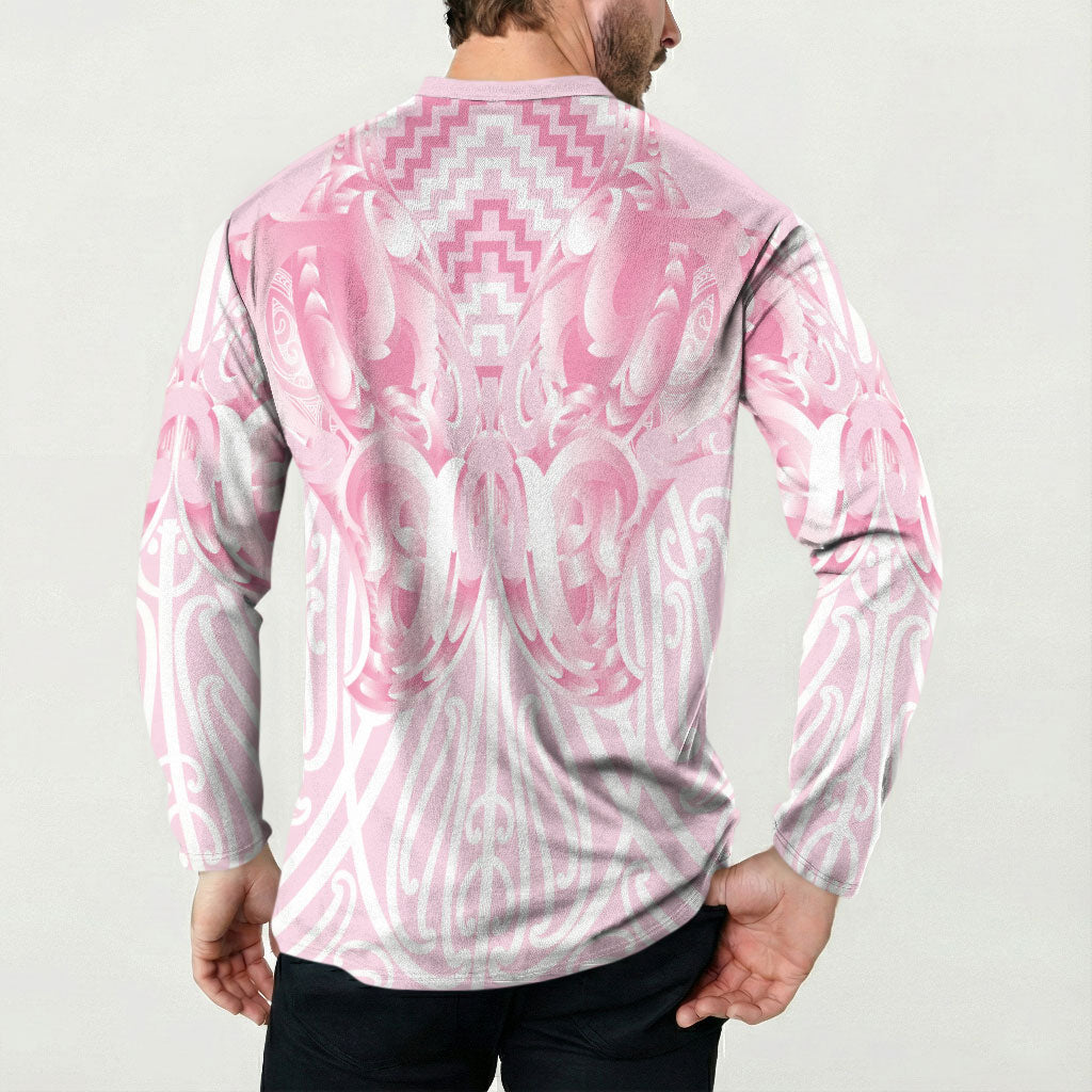 Aotearoa Kowhaiwhai Poutama Pink Motif Button Sweatshirt