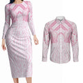 Aotearoa Kowhaiwhai Poutama Pink Motif Couples Matching Long Sleeve Bodycon Dress and Long Sleeve Button Shirt