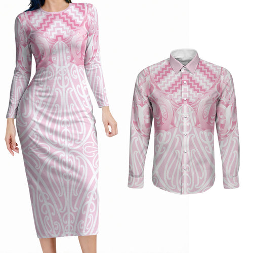 Aotearoa Kowhaiwhai Poutama Pink Motif Couples Matching Long Sleeve Bodycon Dress and Long Sleeve Button Shirt