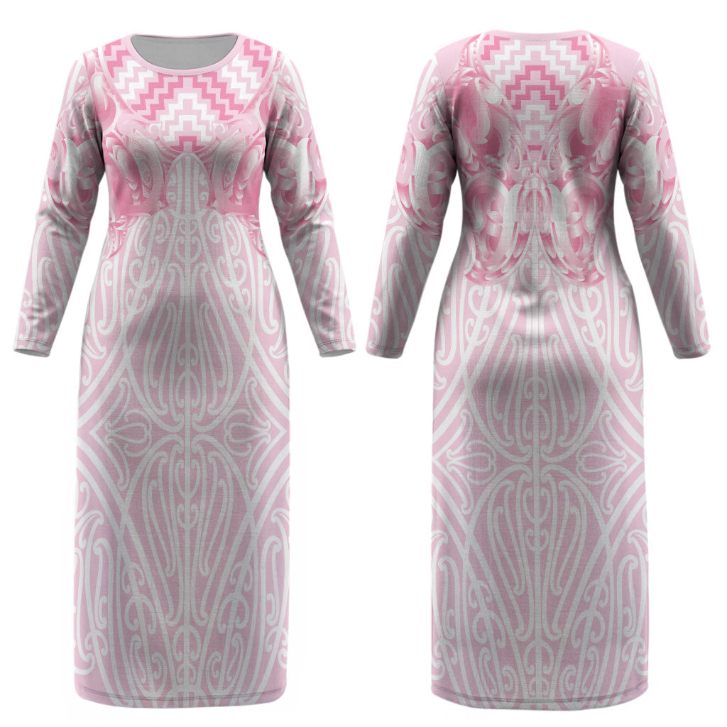 Aotearoa Kowhaiwhai Poutama Pink Motif Couples Matching Long Sleeve Bodycon Dress and Long Sleeve Button Shirt