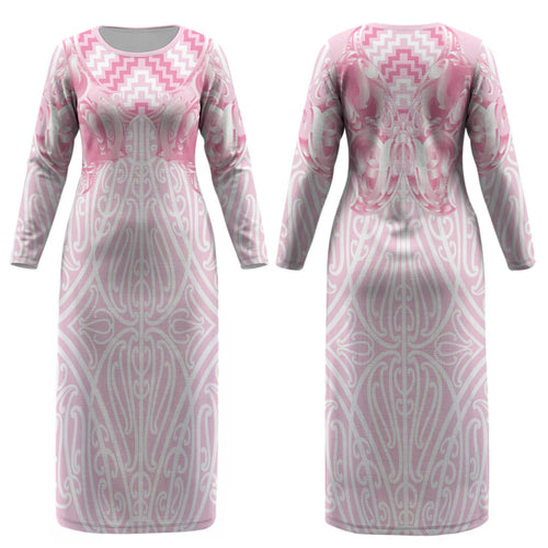 Aotearoa Kowhaiwhai Poutama Pink Motif Couples Matching Long Sleeve Bodycon Dress and Long Sleeve Button Shirt