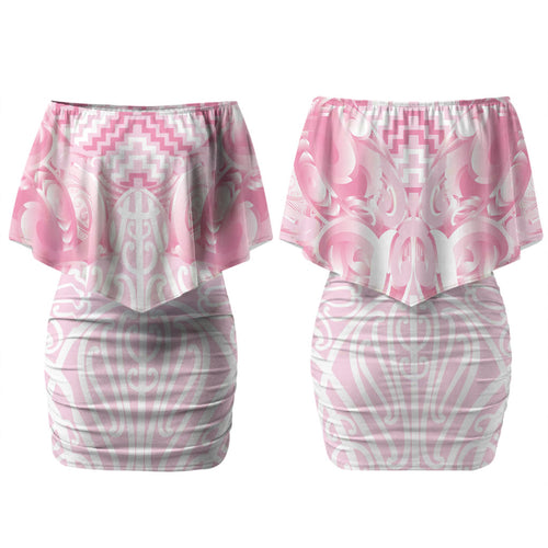 Aotearoa Kowhaiwhai Poutama Pink Motif Couples Matching Off Shoulder Short Dress and Hawaiian Shirt